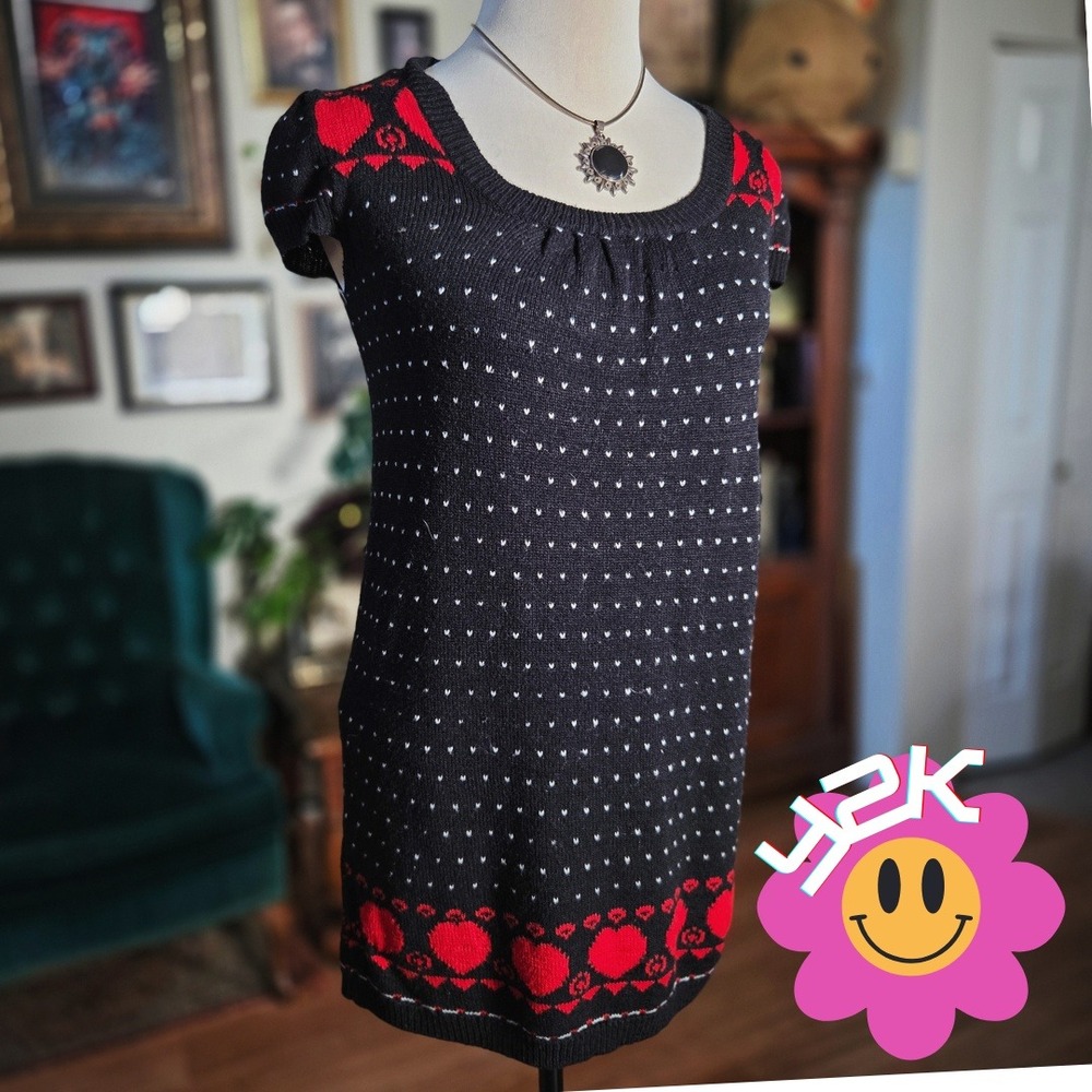 Vintage Y2K JJ Basics Black Red Heart Polka Dot Knit‎ Sweater Dress Puff Sleeve
